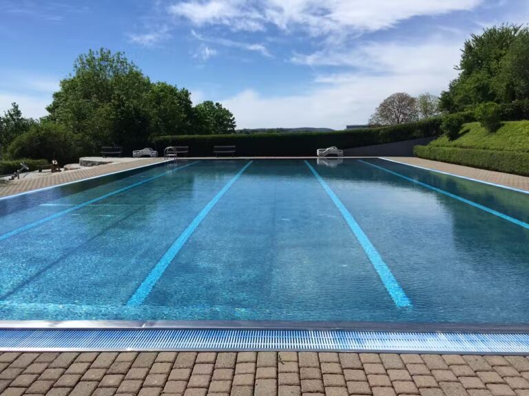 Camping Wirthshof Freibad mit Sportschwimmbecken und Liegestuehlen auf dem Campingplatz in der Naehe des Bodensees 768x576