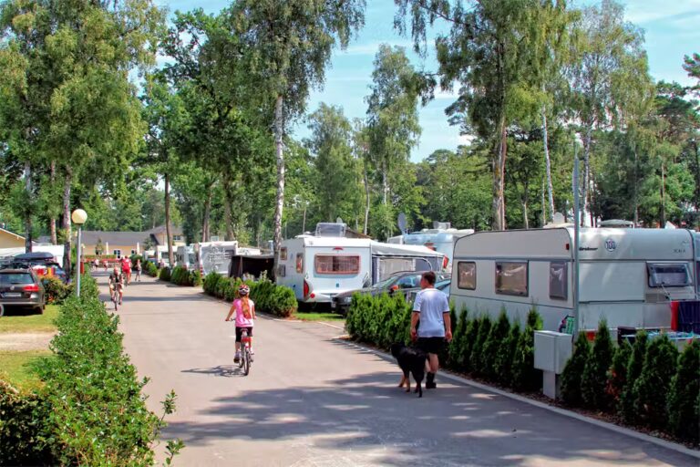 Campingpark Kuehlungsborn Camper mit Fahrraedern auf dem Gehweg entlang der Stellplaetze 768x512