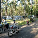 Regenbogen Nonnevitz Spazierweg im Wald zwischen Wohnwagen und Mobilheimen auf dem Campingplatz 150x150