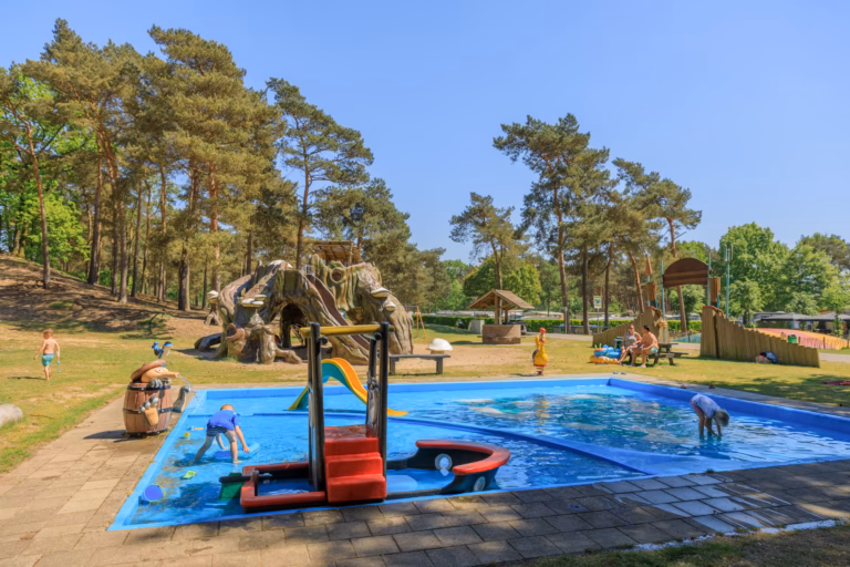 Ardoer Camping De Heldense Bossen Kinderbecken mit Baum Wasserrutsche auf dem Campingplatz 768x512